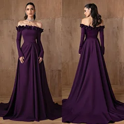 Customized Simple Jersey Pleat Flower A-line Off-the-shoulder Long Dresses Bespoke Occasion Dresses Classic Exquisite Modern Sty