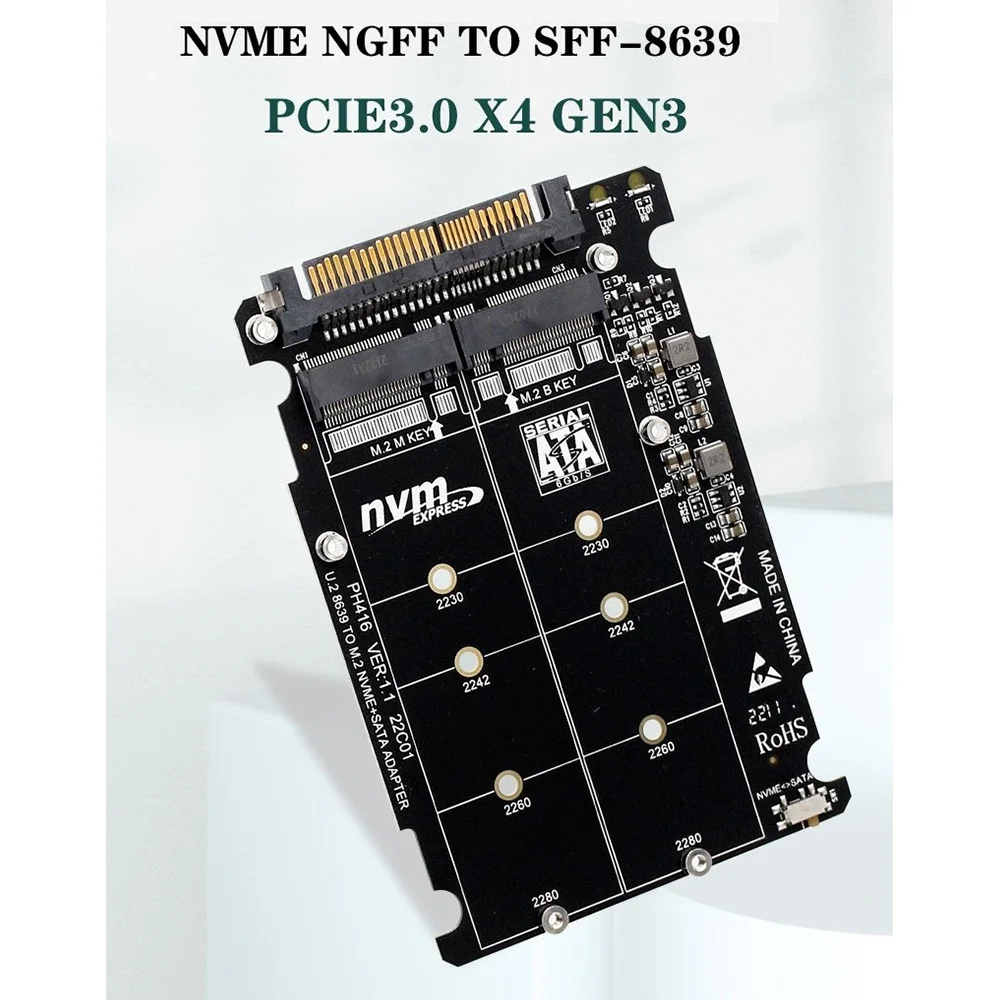 M.2 SSD to U.2 Adapter 2in1 M.2 NVMe and SATA-Bus NGFF SSD to PCI-E U.2 SFF-8639 Adapter PCIe M2 Converter,Without Shell