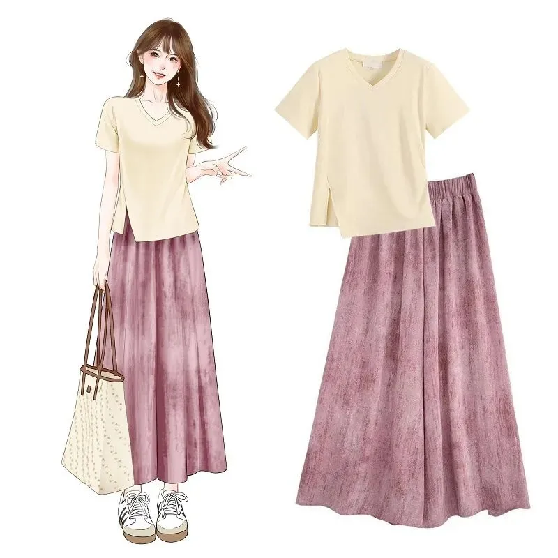 

2025 Summer Women's Irregular Set Split Slim Female Short-sleeved T-shirt Casual Suit Joker Wide-leg Pants Single/Two-piece