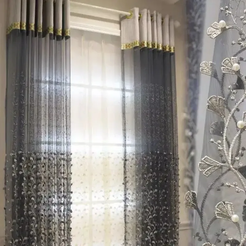 Light Luxury Modern Embossed Floating Embroidery Beaded Gauze Curtain Finished Living Room Bedroom Gray Tulle Balcony Curtains