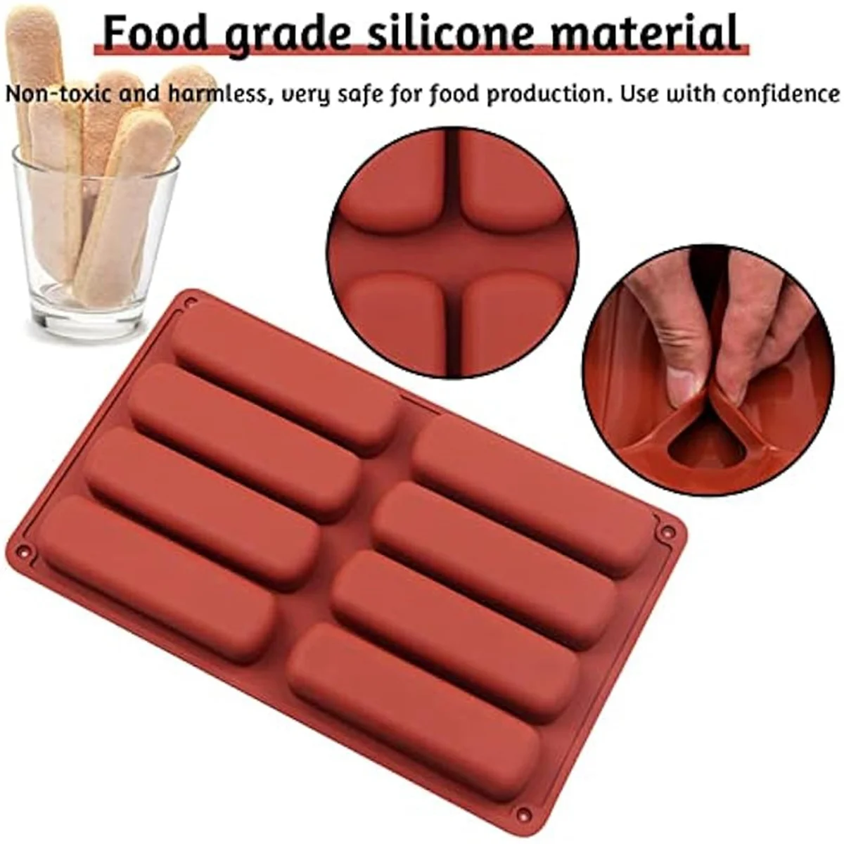 2PCS Finger Biscuit Silicone Mould,8 Cavities Cereal Bars Baking Mould,Chocolate Bar Mold, for Cnady, Bread,Muffin,Soap