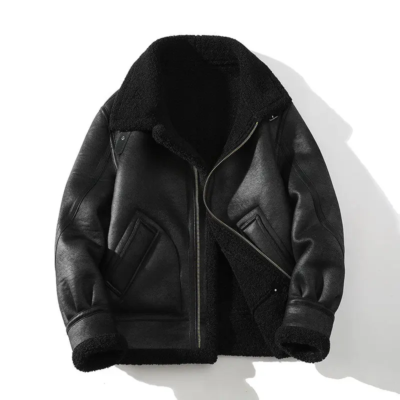 Men's Winter Thickened Fleece Lined Suede Jacket Biker Style Warm Fashion Loose Fit Fur Leather Integrated Coat for Outdoor