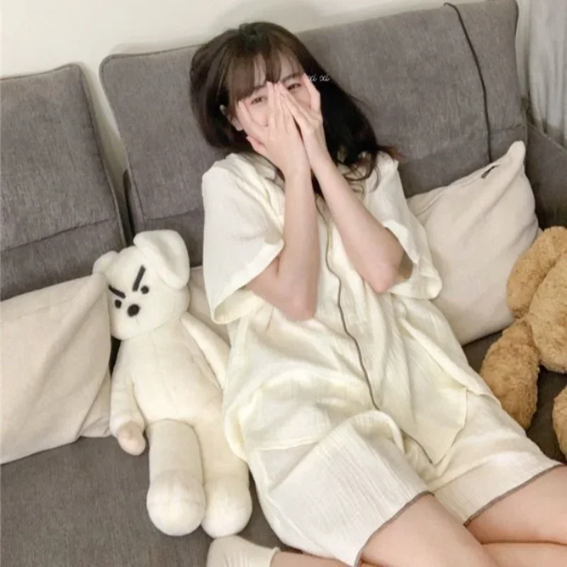 Pajama Sets Women Summer New Simple Short Sleeve Home Japanese Style Loose Casual Tender Students Ins Fashion Young Sleepwear