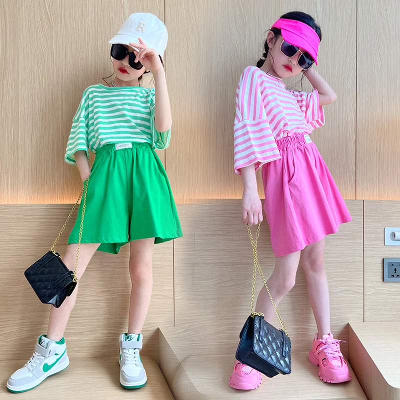 Summer Girls Clothing Sets 2pcs Tracksuit Children Cotton Suit kids Striped Outfits 10-12T Tees+Shorts Girls Clothes Casual Sets