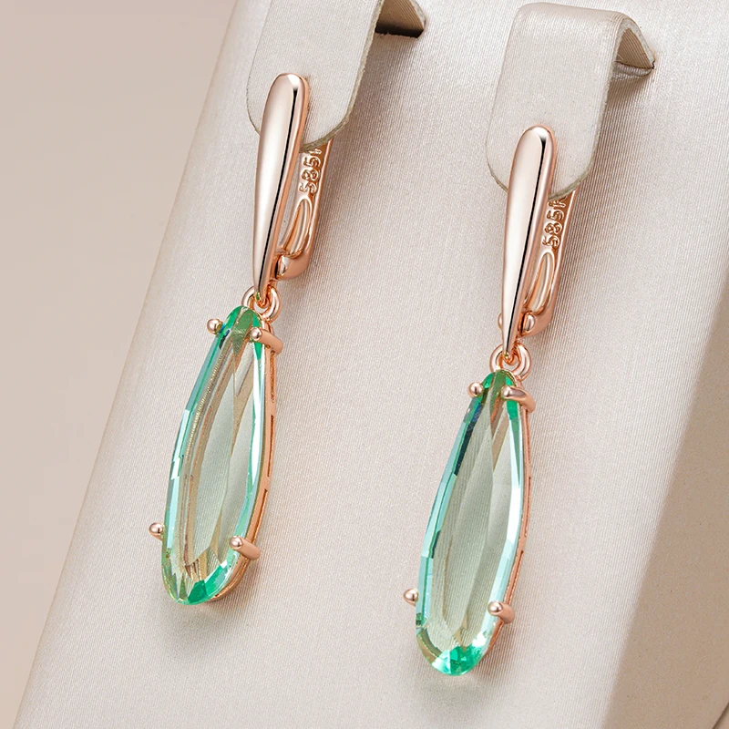 Kinel Fashion Unique Green Stone Long Drop Earrings for Women Geometry Natural Zircon 585 Rose Gold Color Daily Vintage Jewelry