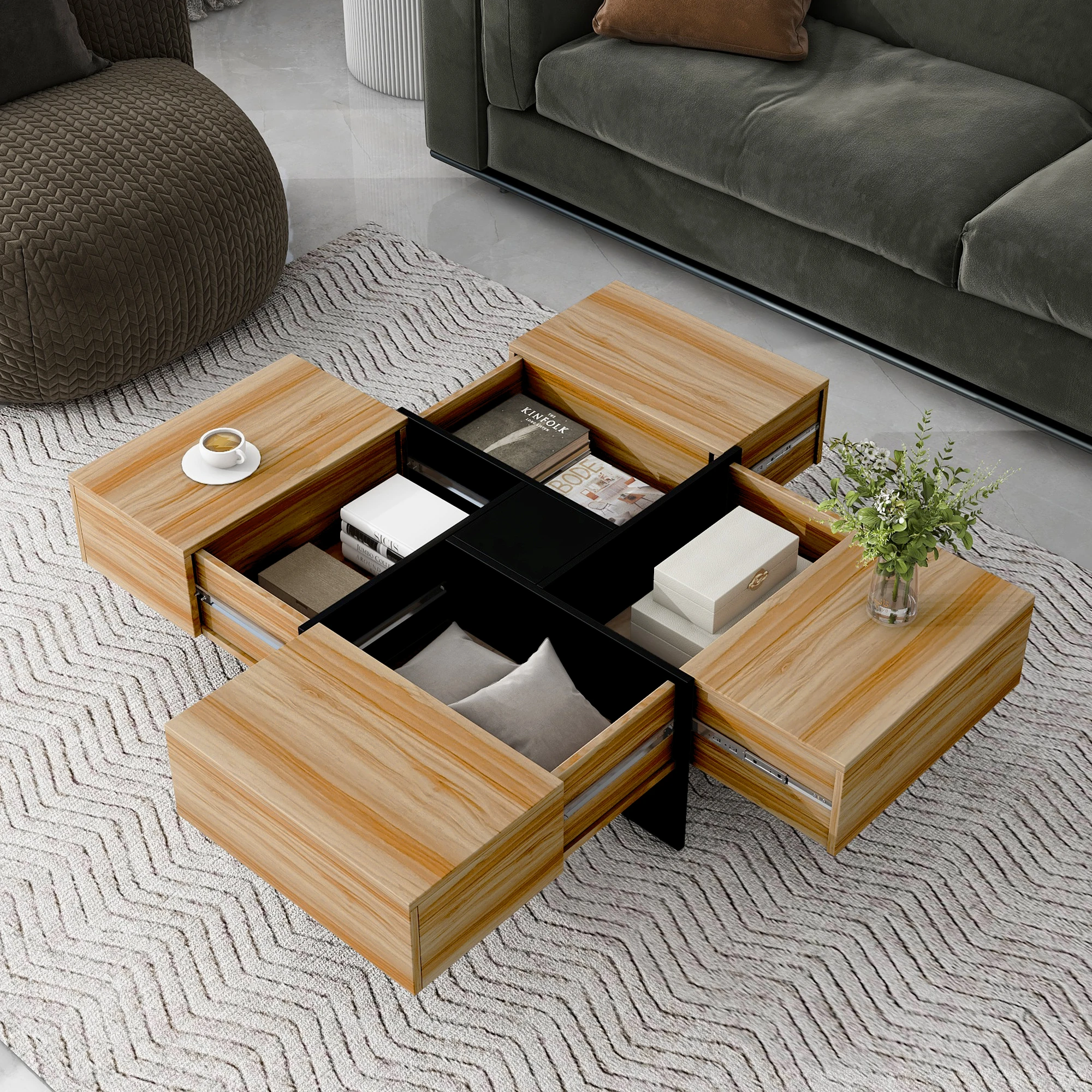 

Modern Unique Design Square Cocktail Table with 4 Hidden Storage Compartments Extendable Sliding Top Made of MDF Wood