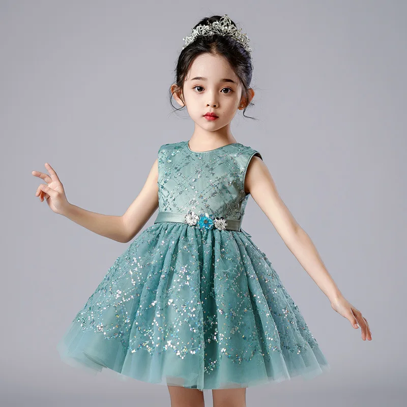 3 4 To 7 8 10 Years Little Girl Clothes Summer Princess Dresses Glowing Luxury Party Holiday Children\'s Green Sleeveless Dress