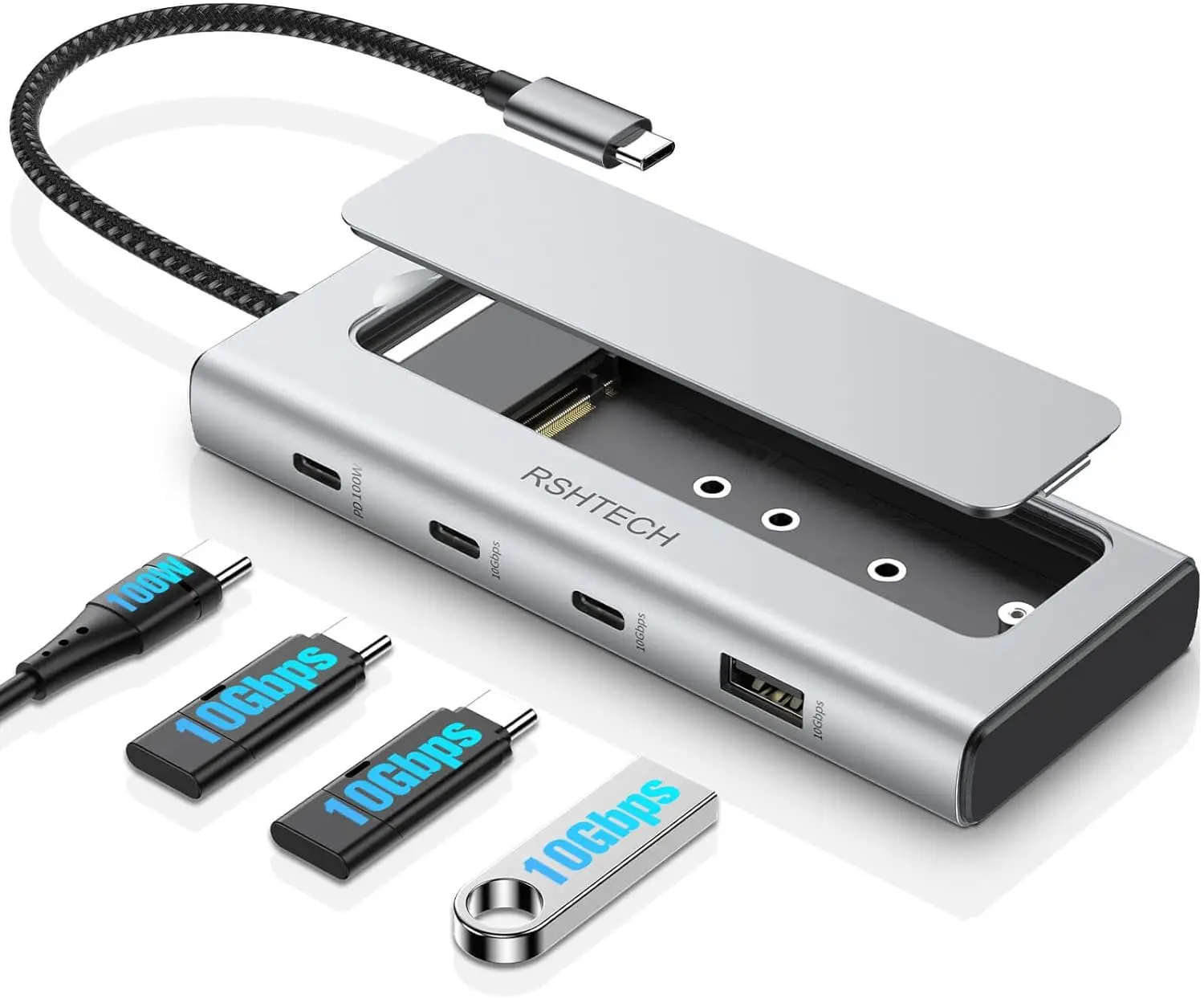 

RSHTECH M.2 NVMe/SATA SSD Enclosure 5-in-1 Aluminum 10Gbps USB C Hub with 3 USB 3.2 Data Ports 100W Power Delivery and M2 SSD Docking Station External USB-C to M.2 Caddy for Laptops MacBook