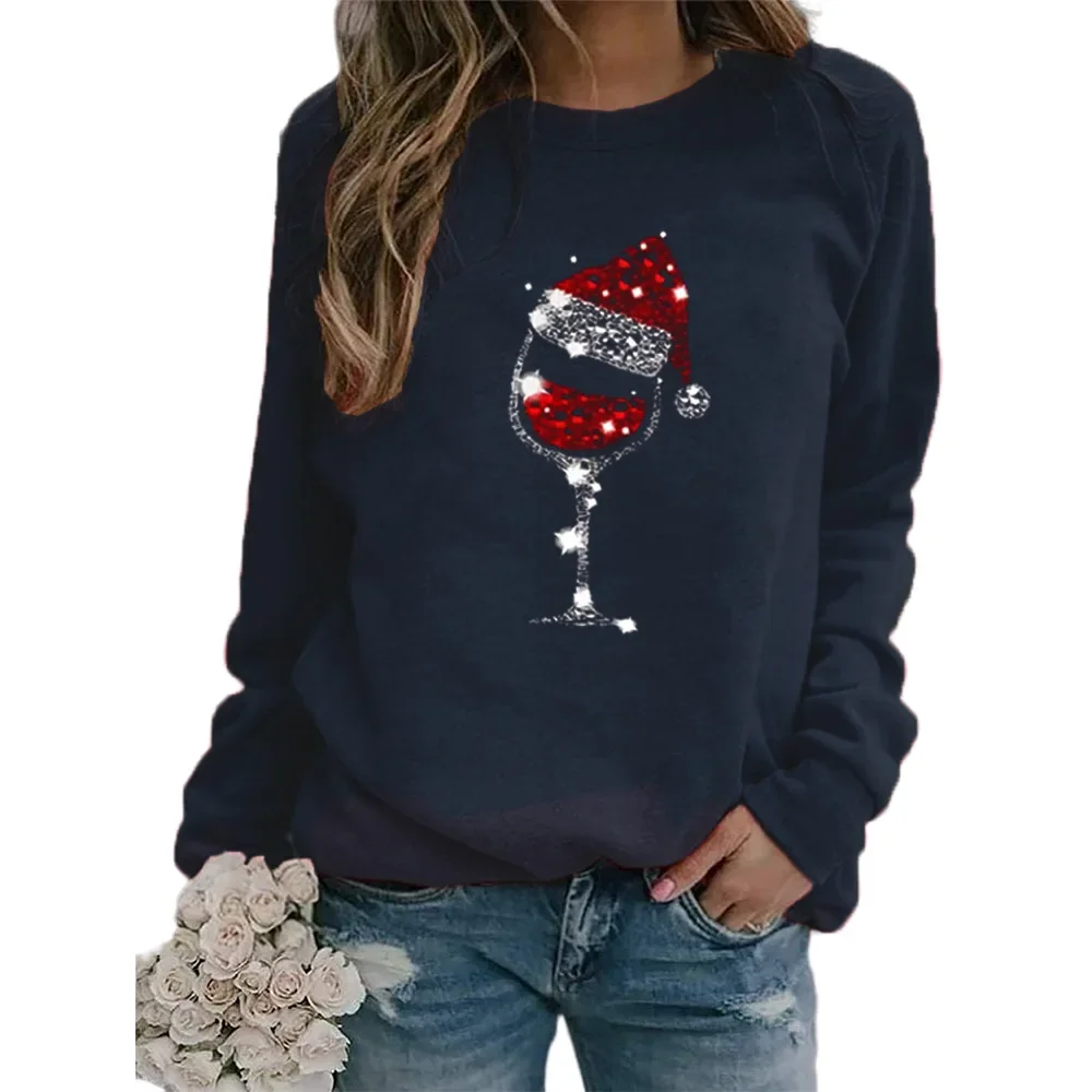 Christmas Women's Sweater Christmas Hat Red Wine Cup Pattern Printed Round Neck Long Sleeve Sweater 2023 New