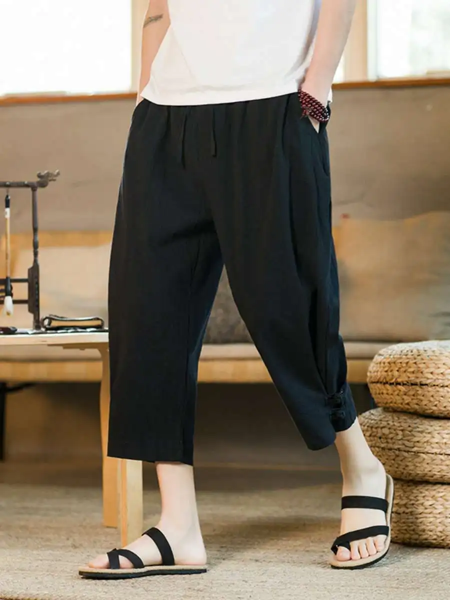 

Новые летние мужские однотонные льняные брюки прямого кроя для пляжа, свободные, больших размеров, в стиле Харлан, из хлопка и льна, укороченные, повседневные