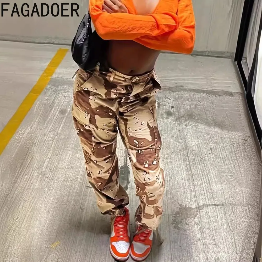 FAGADOER Fashion Streetwear Women Camouflage Printing High Waist Button Straight Pants Casual Female Loose Pocket Trousers 2024