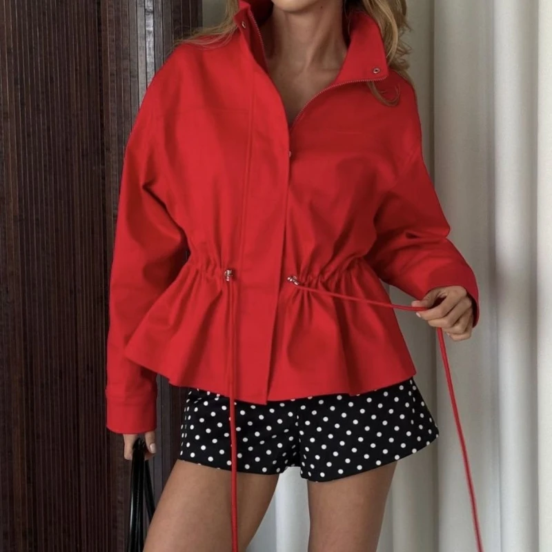 European and American Red Turtleneck Jacket with Long Sleeves and Waist, Fashionable and Versatile Jacket Design
