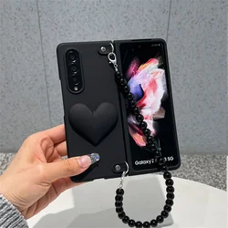 Luxury Fashion Korean Black Beads Bracelet Hand Chain Big Love Heart Solid Case Cover For Samsung Galaxy Z Fold 7 6 5 4 3 2 5G
