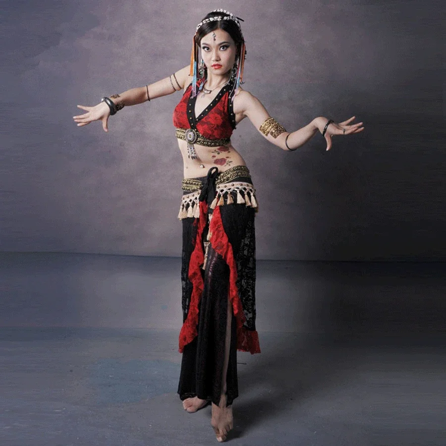 

Women Tribal Belly Dance Costume 3 Pcs Lace Blouse Bra&hip Scarf Belt Skirt & Tribal Pants 2 Colors