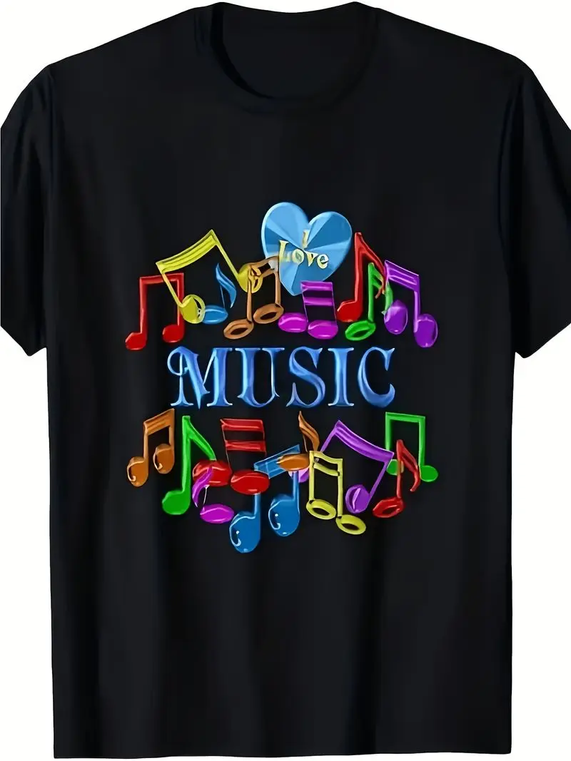 Men's Retro Music Note & Heart Print T-Shirt Colorful All-Over Song Lyric Design Black With Multicolor Musical Notes Round Neck