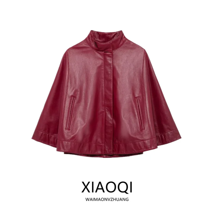 

Spring 2025 Women's Faionable ort Leather Cowl Ne Jaet Zipper Design Ele Outerwear New Arrival 3920057