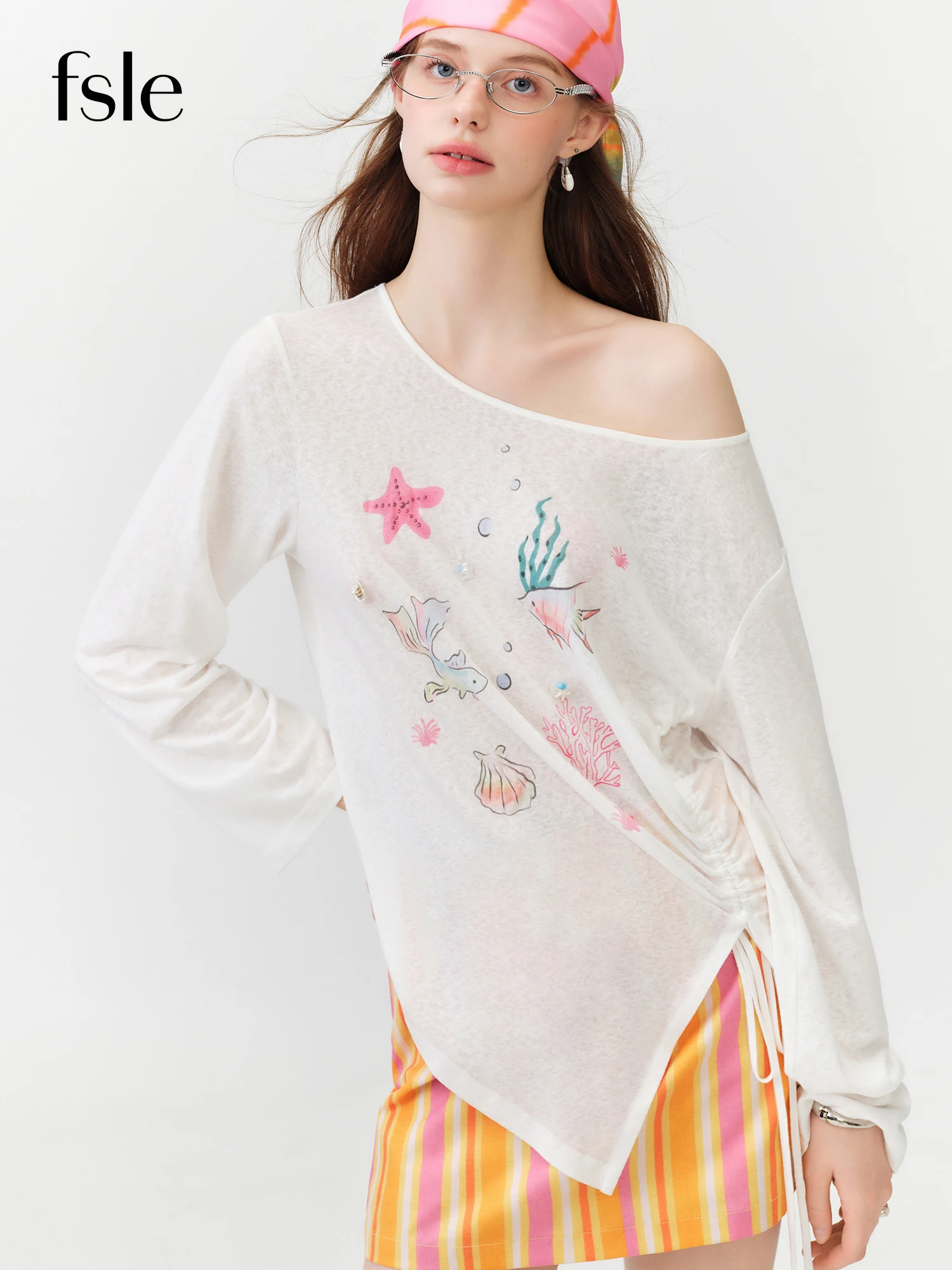 

FSLE Women's 2026 Summer New Arrival Asymmetric One-Shoulder Long Sleeve T-Shirt Ocean Print Drawstring Casual Top Thin Tees