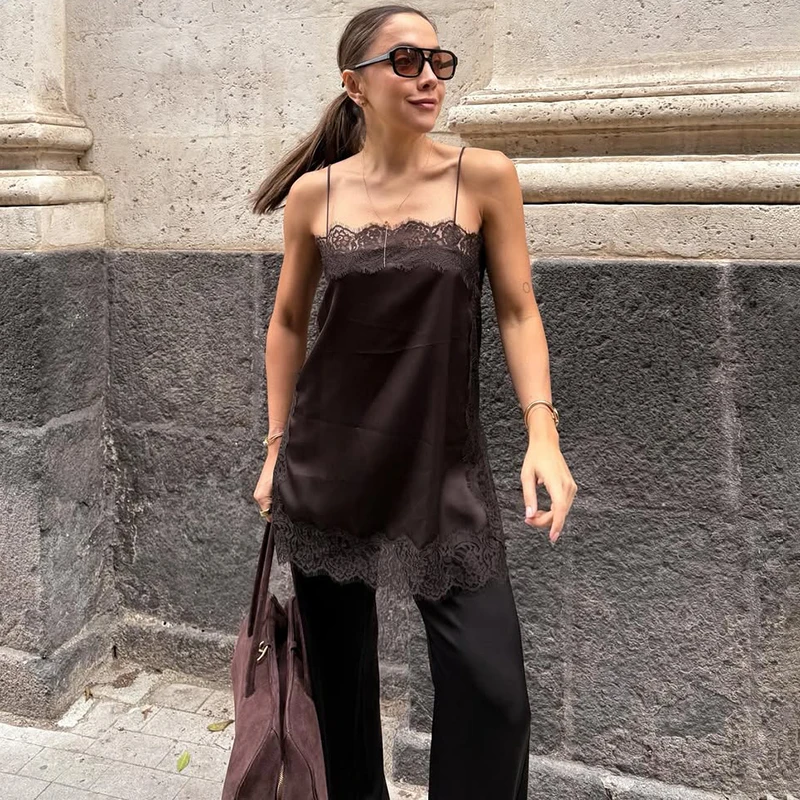 

Tornova Кружевной топ на бретельках, комплект из 2 предметов для женщин, атласная сексуальная майка без рукавов, длинная юбка с высокой талией, элегантные комплекты женских платьев