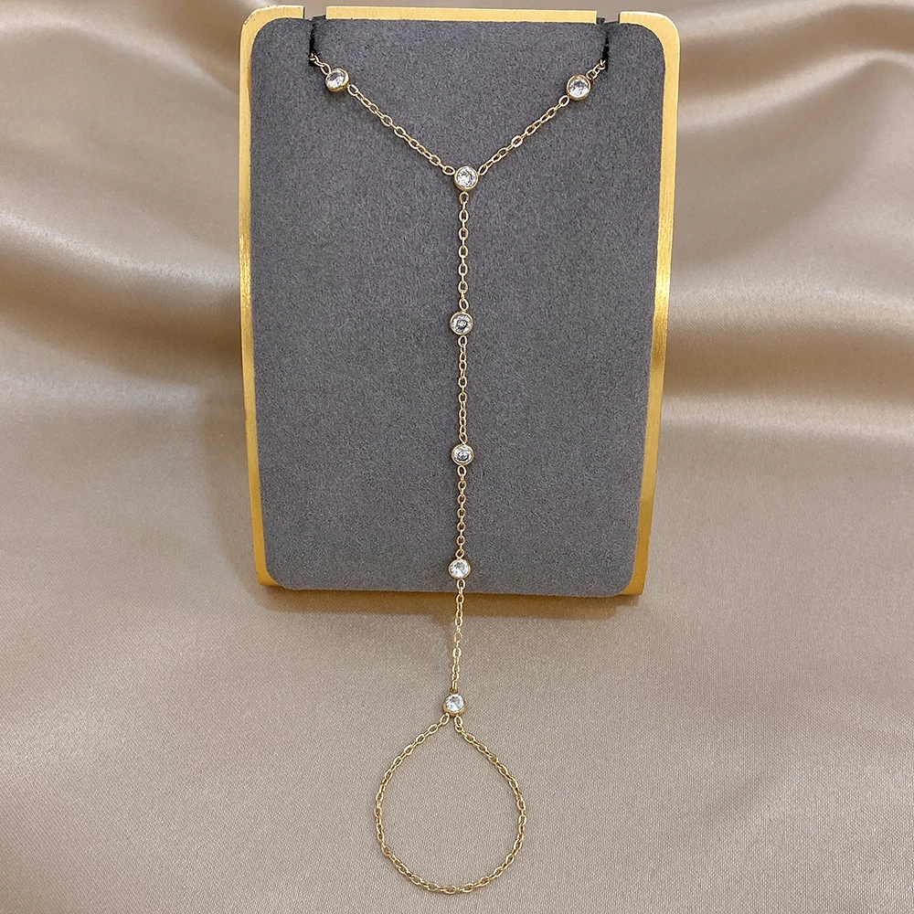 Chic Round Beads Zircon Bracelet for Women Gold Silver Color Stainless Steel Link Connected Finger Ring Bracelets Hand Jewelry - view 4