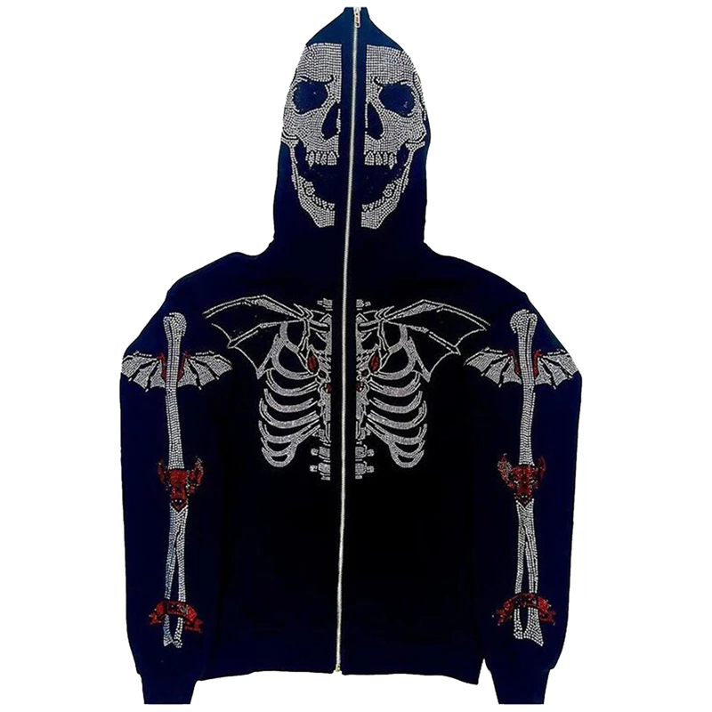 

Rhinestone Hoodie y2k Aesthetic Women Skeleton Print Zip Up Long Sleeve Hooded Top Cyber Gothic Clothes E Girl Jacket Streetwear