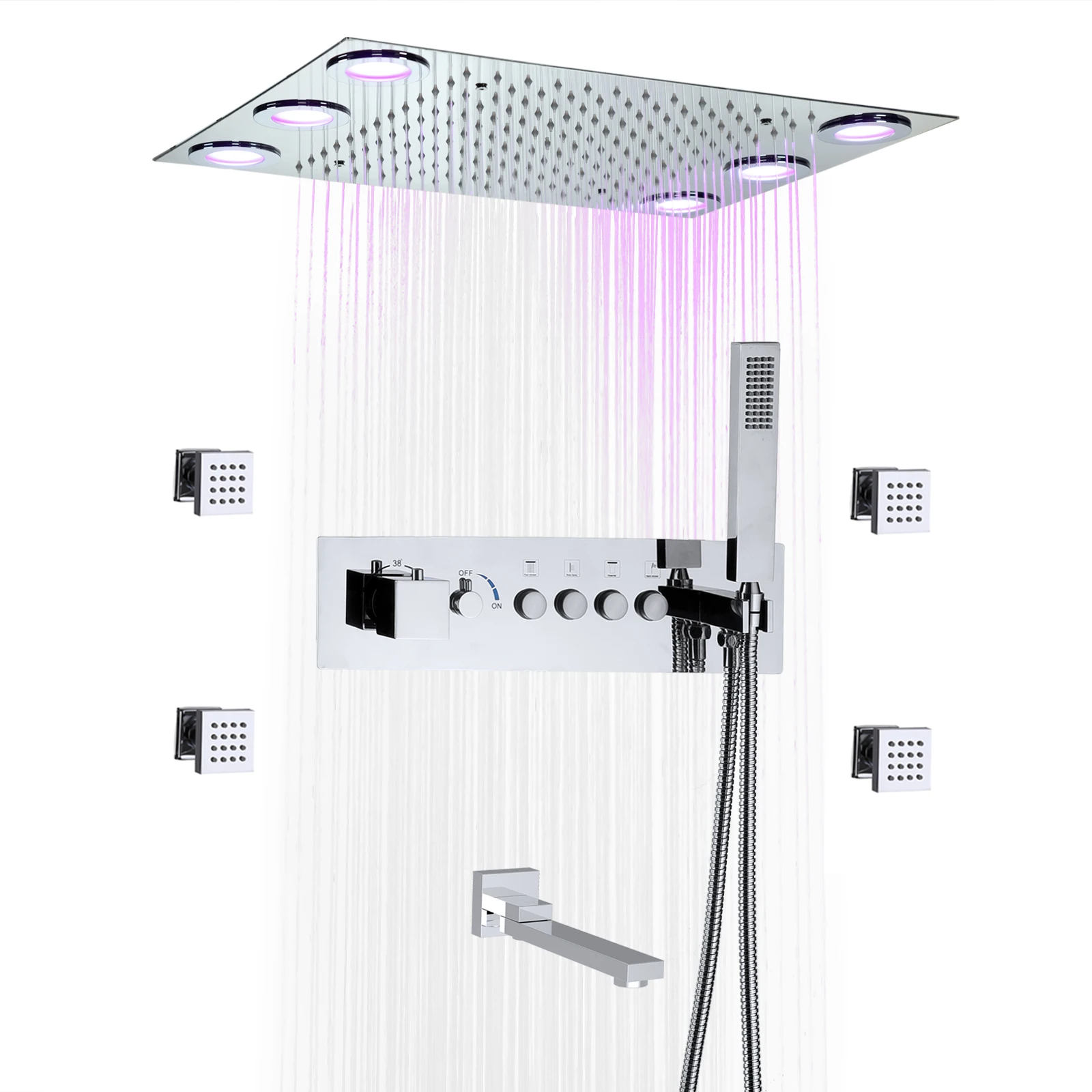 Bathroom Ceiling 20*14 inch LED Shower System Rainfall Chrome Thermostatic Valve body With Water Flow Control Lever Shower Set