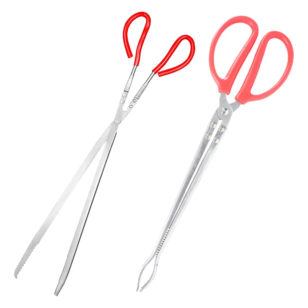 

2 Pcs Stainless Steel Scissor Tongs Heavy Duty Snake Pliers Trash Tool Long Grabber Reptile Feeder Pet Supplies Aquarium Red
