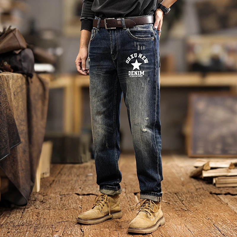 American Fashion Brand Printed Jeans for Men Autumn Winter High Street Hooligan Handsome Washed Slim Straight Casual Denim Pants