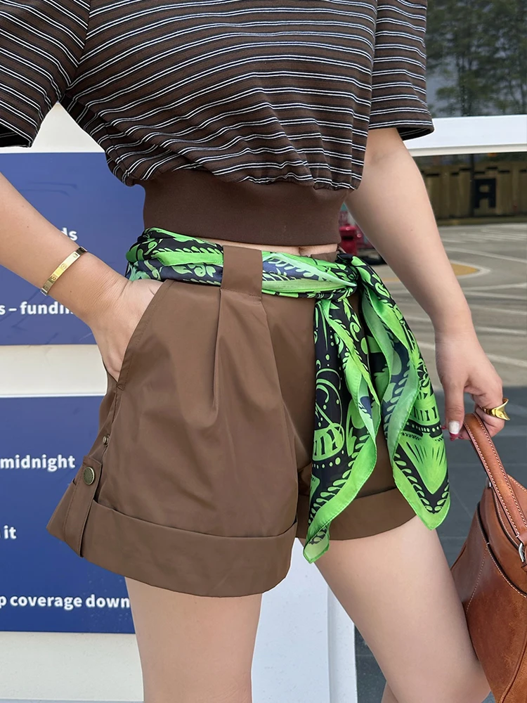 

LEDIM WANG Red Label Series Women's Low Waist Casual Pants Silk Scarf Color Block Box Shape Shorts Summer New Style Straight Leg