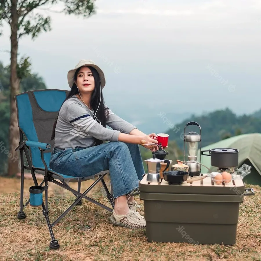 كرسي تخييم ساخن للتعبيرات في الفناء الخلفي مع حامل أكواب، كرسي تخييم محمول قابل للطي مع 3 إعدادات للحرارة، خفيف الوزن يعمل بمنفذ USB