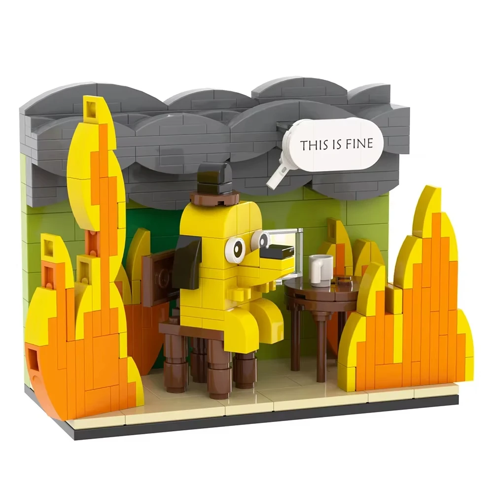 

MOC This is Fine Dog Building Block Anime Cartoon Fire Meme Vignette Hound Dog Pets Animal Brick Model Toy with Paper Manual