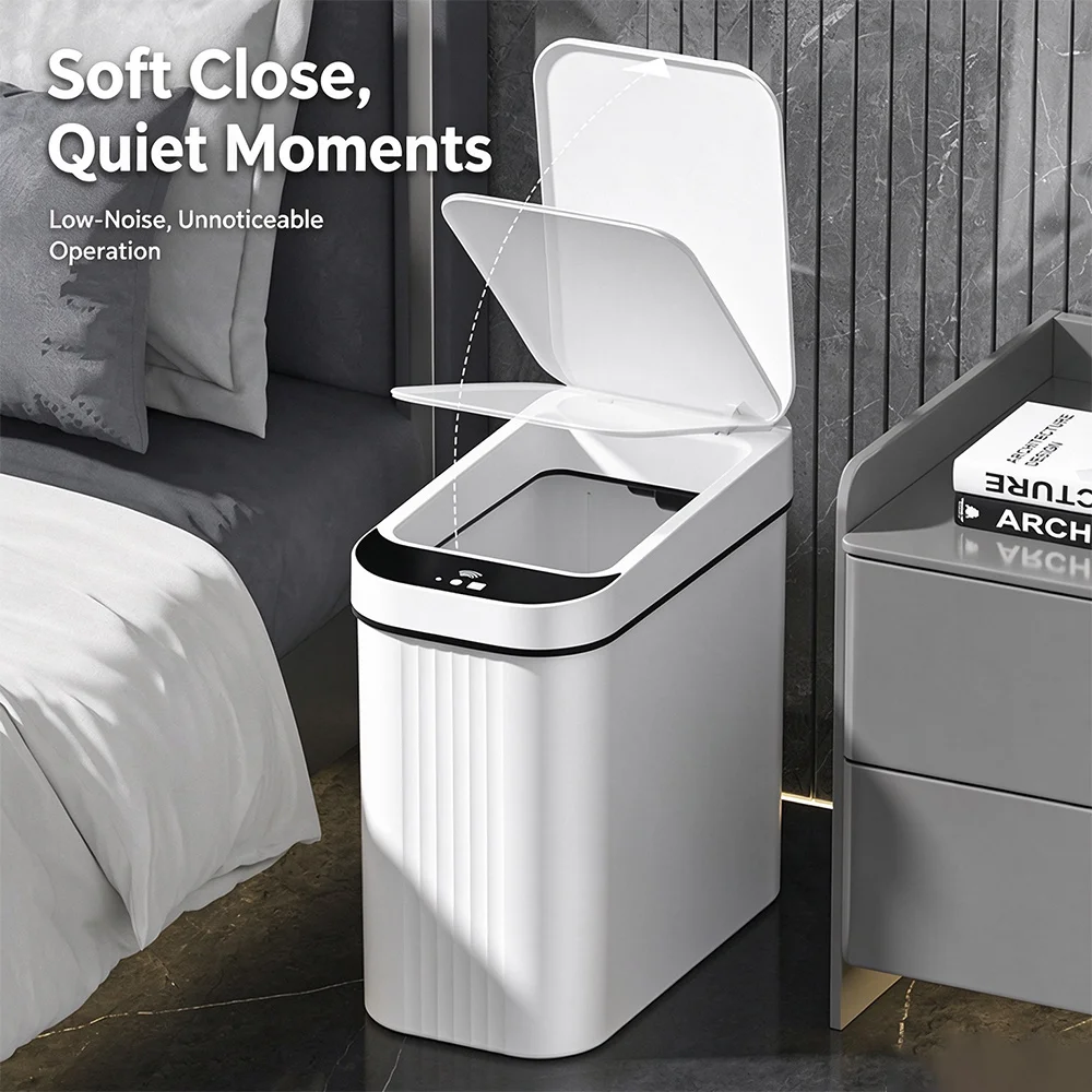 15L Automatic Sensor Trash Can Battery Powered Touchless Slim Waste Bin Wave Knee Sensor for Bathroom Kitchen Batteries Not
