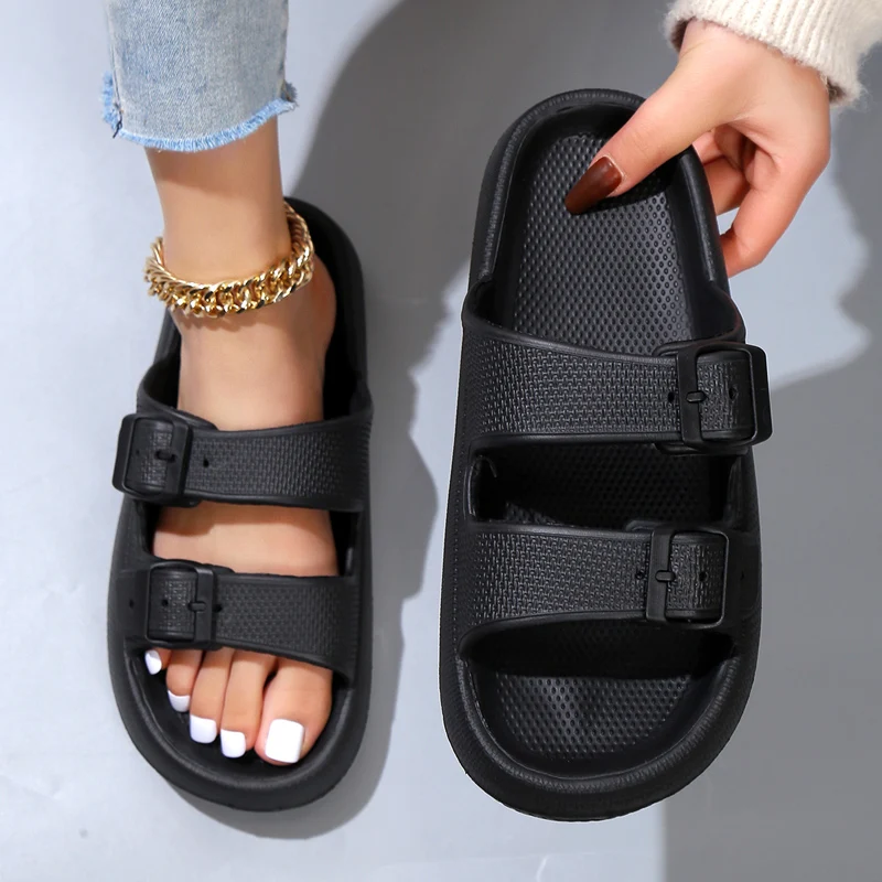 Summer Slippers Double Buckle Slide Sandals Women Couple Home Slides EVA Thick Sole Light Weight Flip Flops Bothe Shower Shoes