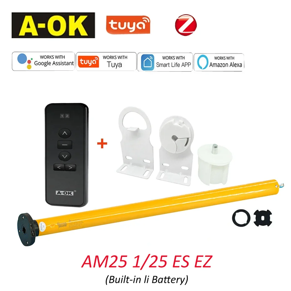 A-OK AM25 Tuya Zigbee Intelligent Tubular Motor w RF433 Remote Roller Blind Shutter Li Battery Smart Curtain Motor for 38mm Tube