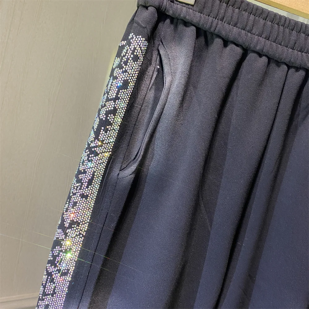 Large Size Women Sports Pants 2025 New Autumn Winter Shiny Hot Drilling Casual Harem Pants All-match Elastic Waist Long Trousers
