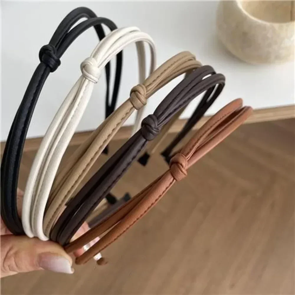 Vintage Knotted Thin PU Leather Solid Color Headband for Women Retro Elegant Hair Band Female Hair Hoop Korean Hair Accessories