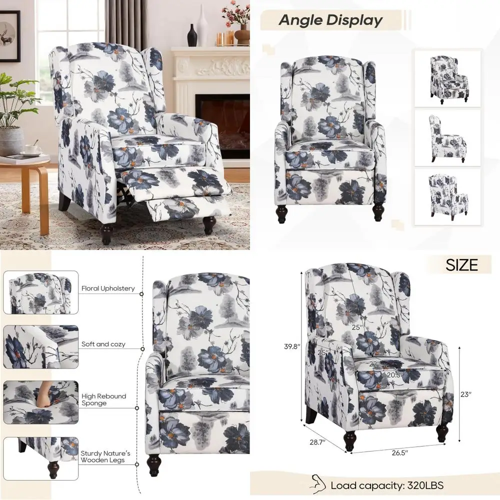 Mid Century Modern Upholstered Wingback Recliner Chair, Push Back Living Room and Bedroom Recliner in Blue Floral Pattern