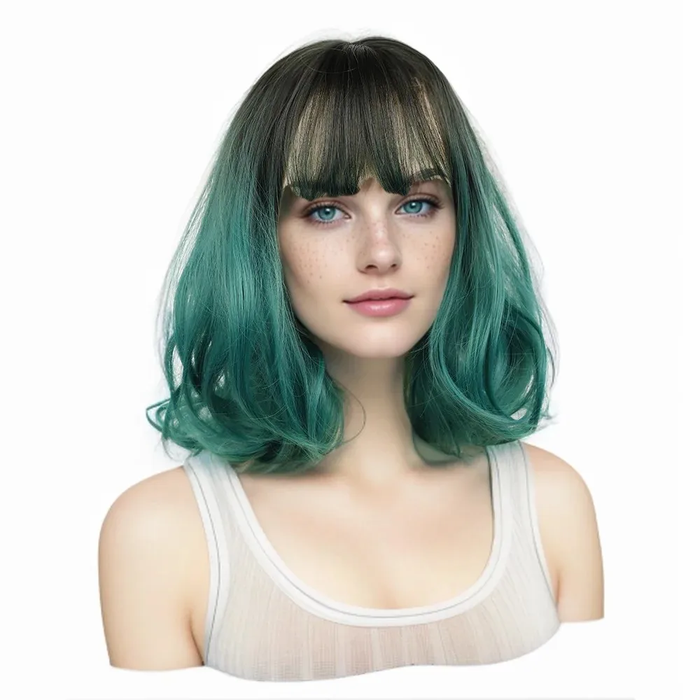 

Synthetic Short Wavy Meesy Hair Wig with Bangs for Women Curly Bob Wig Black Green Colors Wigs for Daily Party