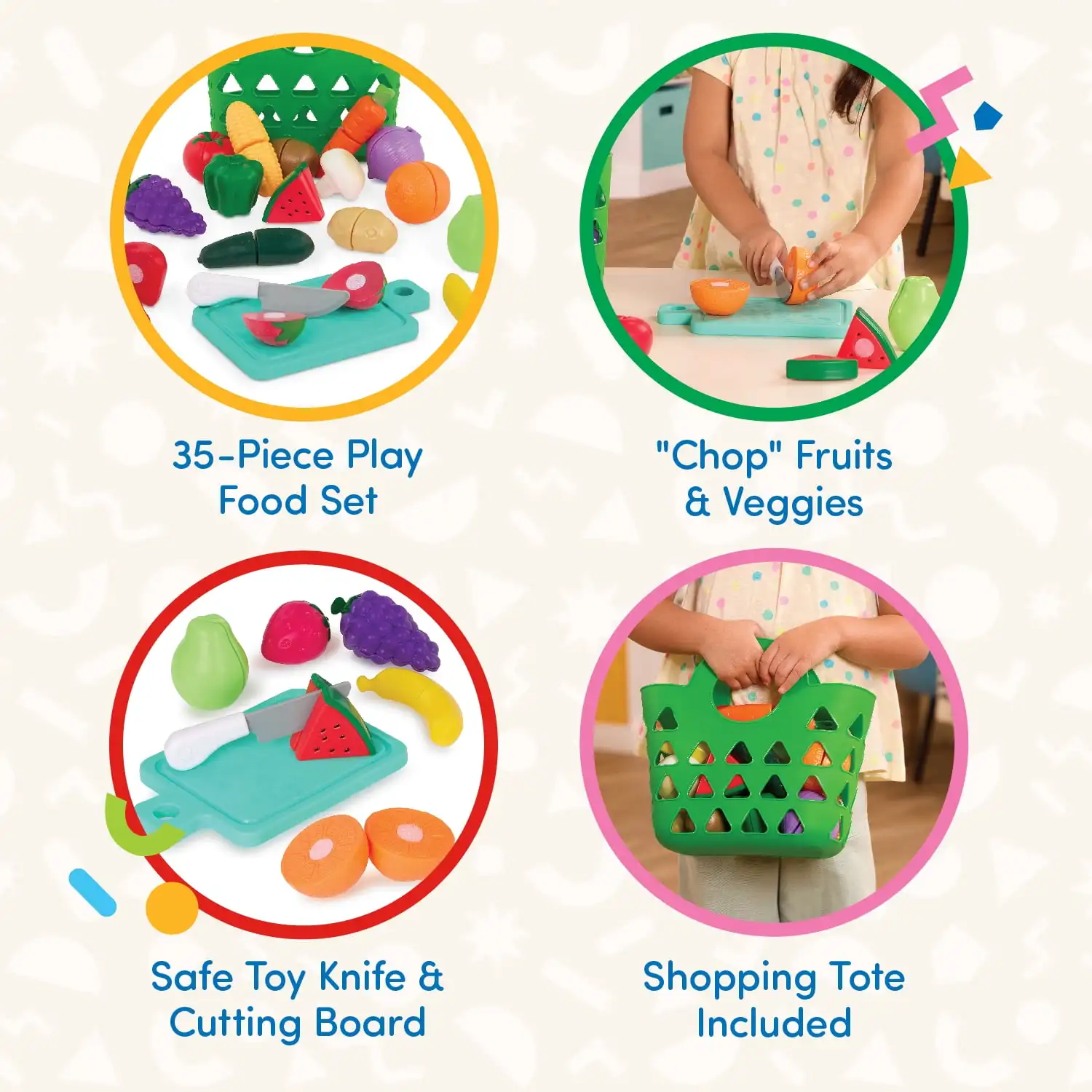 Market Chop & Prep Set en plastique avec planche de nourriture et couteau multicolores, jouets pour tout-petits et préscolaires
