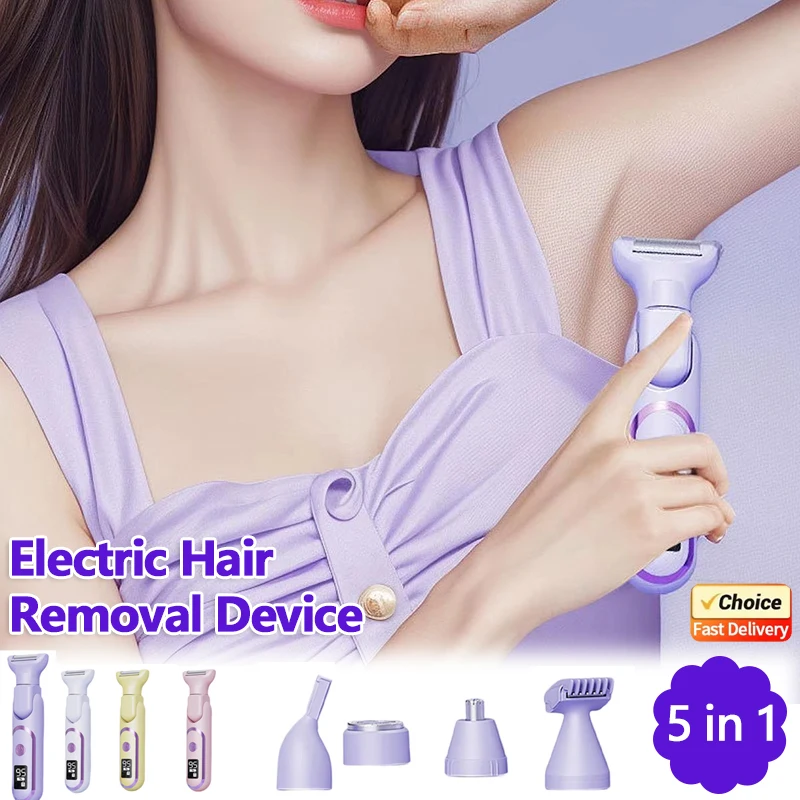 Women Electric Razor 5 in 1 Body Hair Trimmer for Armpit Bikini Arm Leg Face Mustache Portable Painless Lady Shave