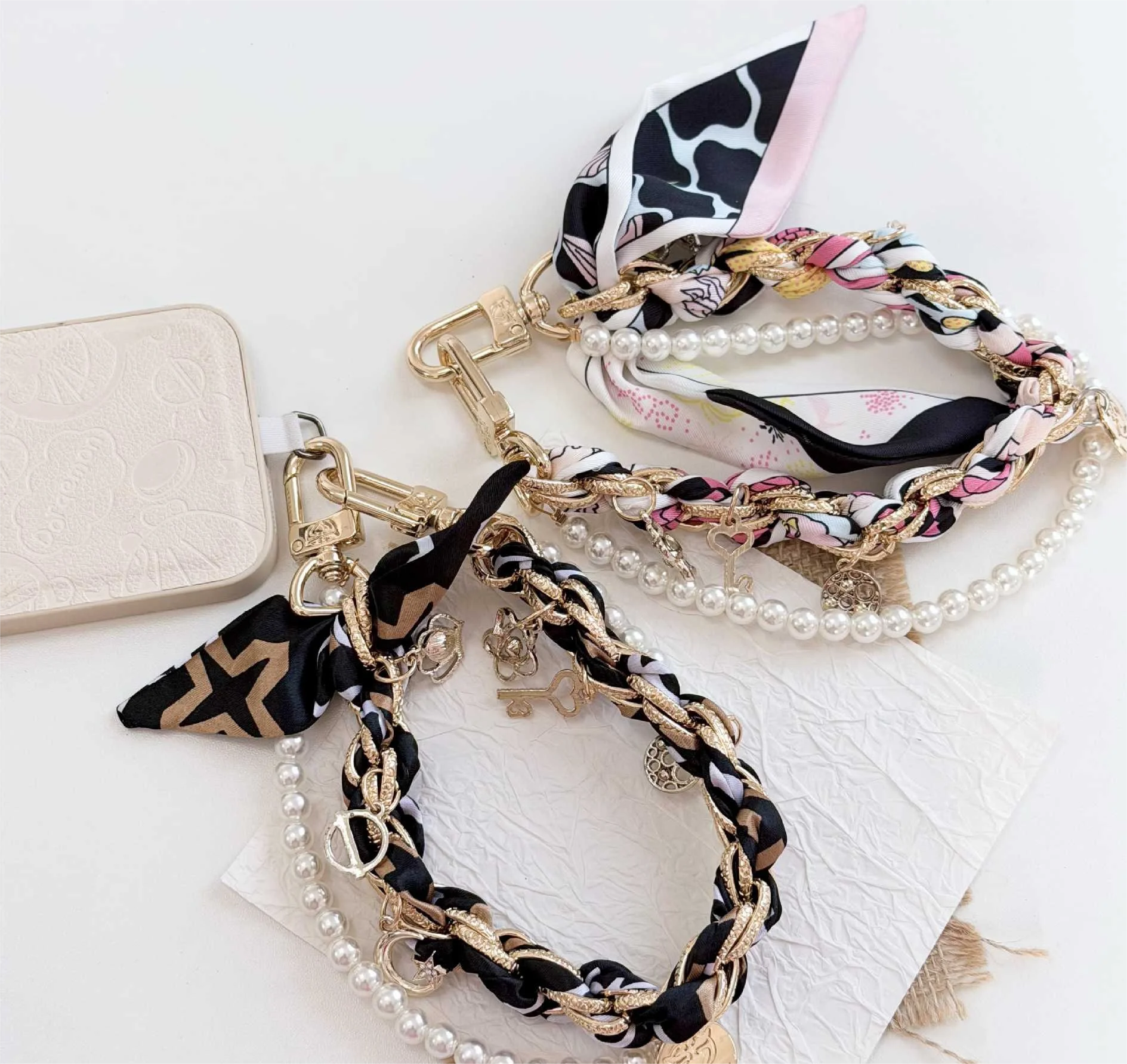 

Silk Scarf Woven Bag Chain Pearl Mobile Phone Hanging Rope Colorful Versatile Metal Chain Handbag with Creative Decoration