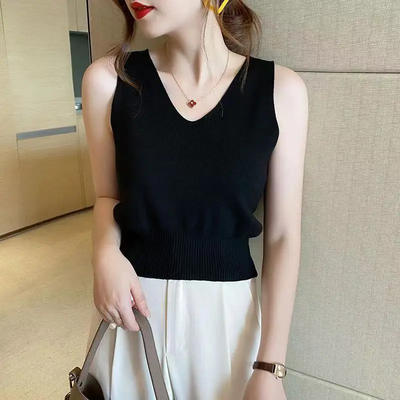 2024 New Summer Office Lady Simplicity Oversized High Waist Tank Top for Women Solid Knitting V Neck Sleeveless Y2K Chic Tops