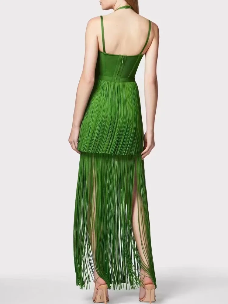 Brand Summer New 2024 INS Celebrity Sexy Tassel Green Bodycon Bandage Dress Elegant High Street Party Evening Maxi Dress