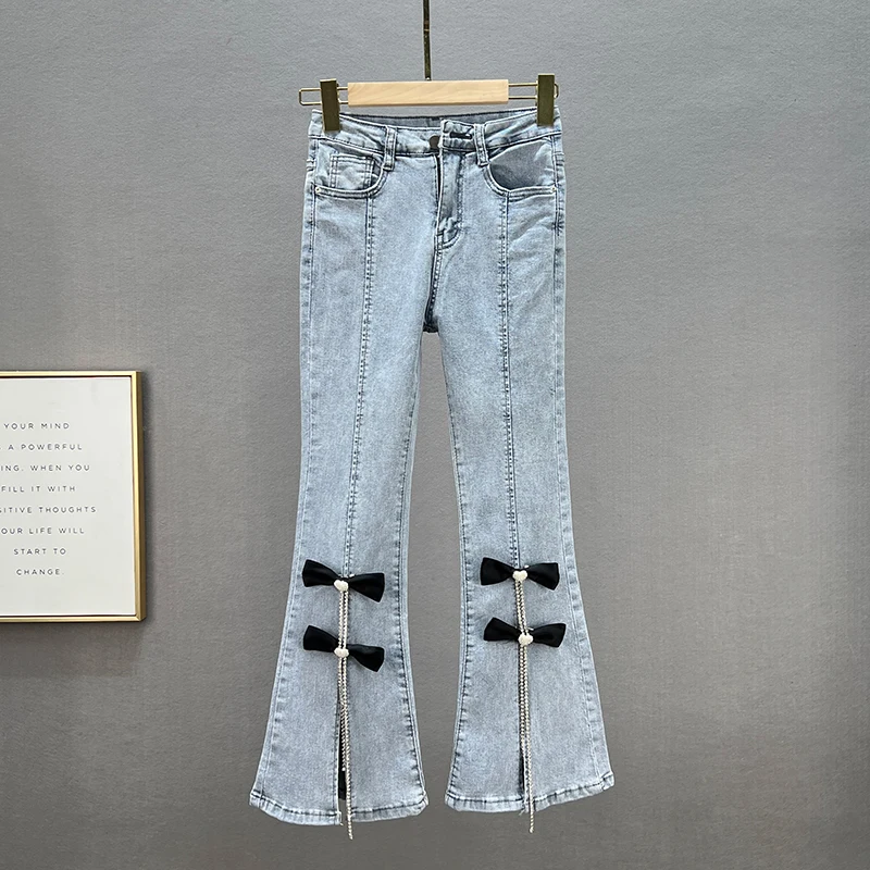 

High Waist Fringed Bell Bot Jeans Women's Spring Summer New Sle Slimming European Sle Knot Split Nine Points