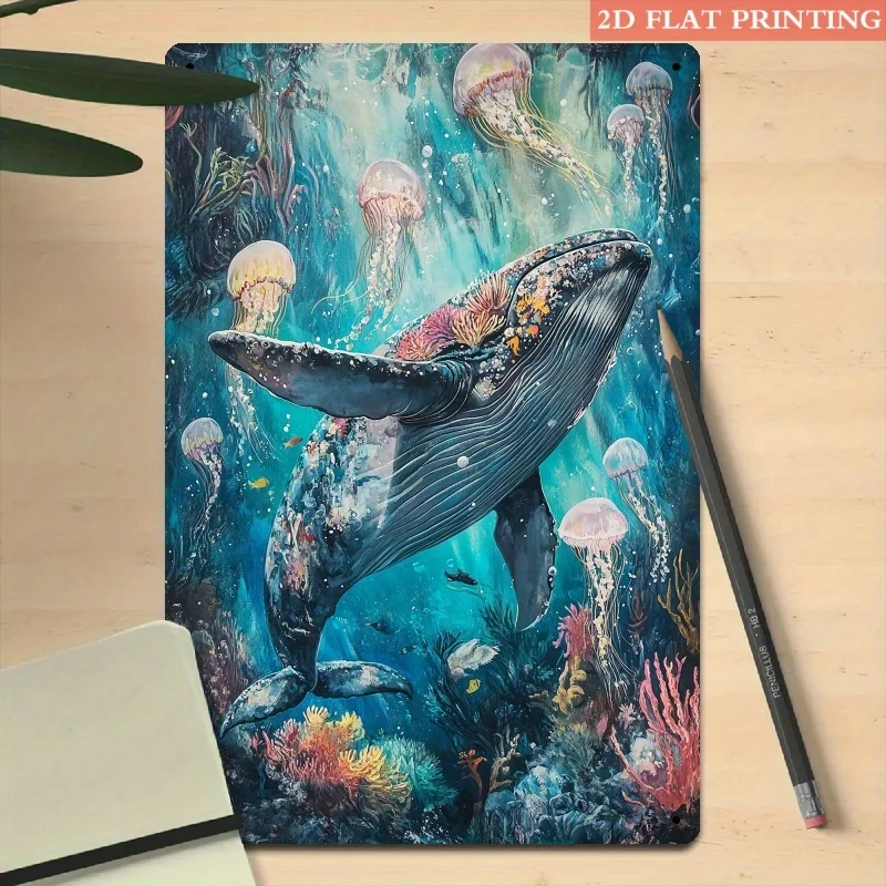 Decoración de pared de metal de ballena y medusas planas 2D, ferrocarril de 8x12 pulgadas Decoración marina, arrecife de coral y vida marina