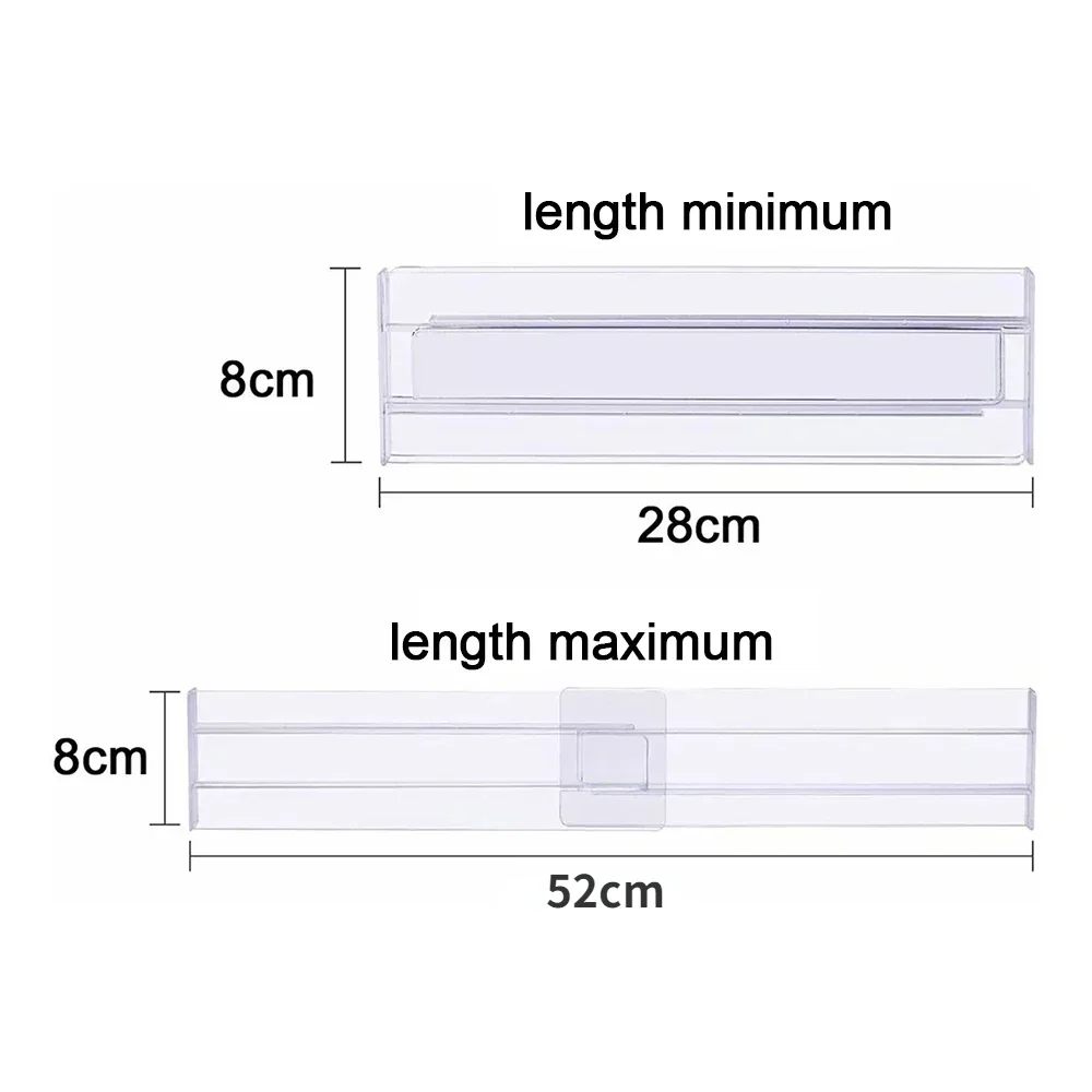 Separadores de cajones para cocina, organizadores ajustables de 8cm de alto, expandible de 27,5 a 52cm, de plástico transparente, 1 piezas