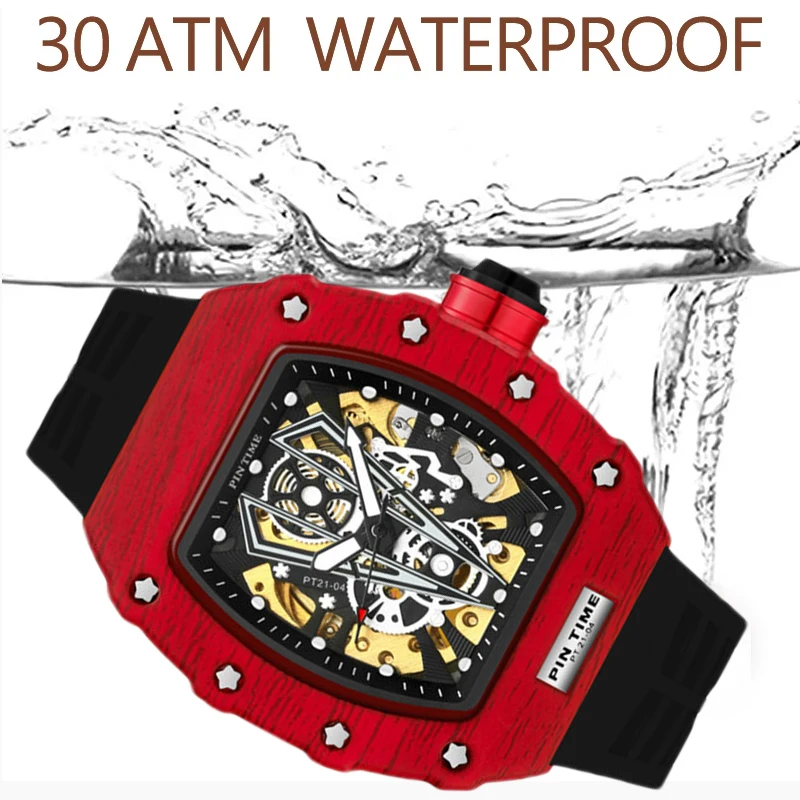 PINTIME Mechanical Man Watches Classic RM Luxury Design Automatic Visable Wristwatch 12 Color Causal Men Watch Rubber Strap Belt