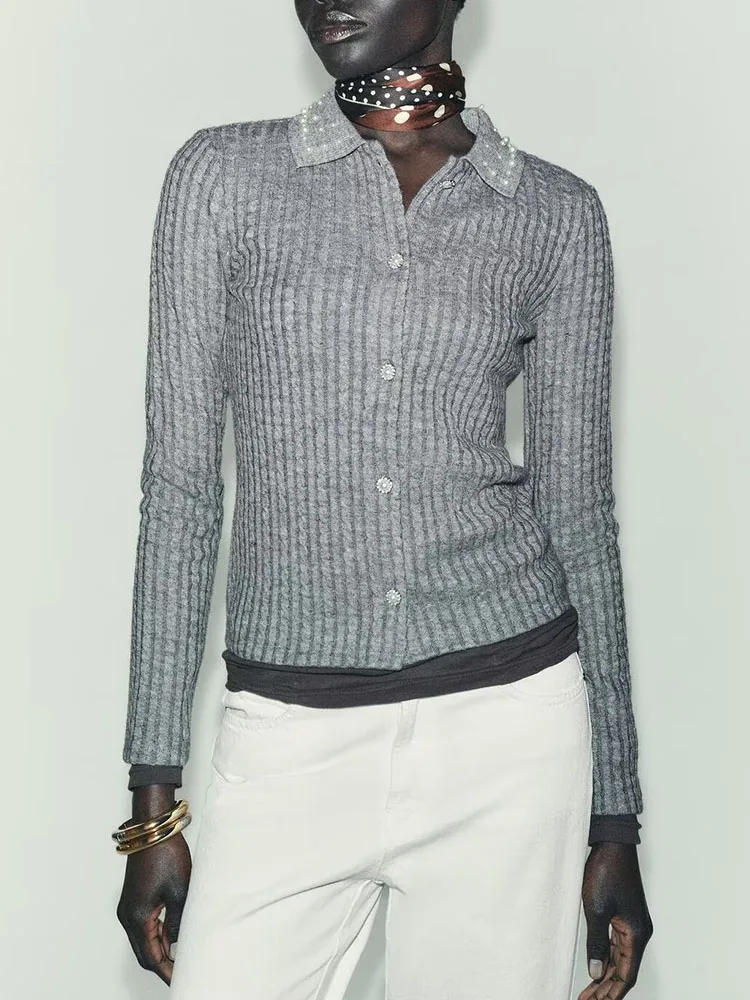 

Высококачественная женская вязаная куртка ZA2025, новые осенние украшения, воротник с вырезом, модный европейский длинный све, полосатый на пуговицах