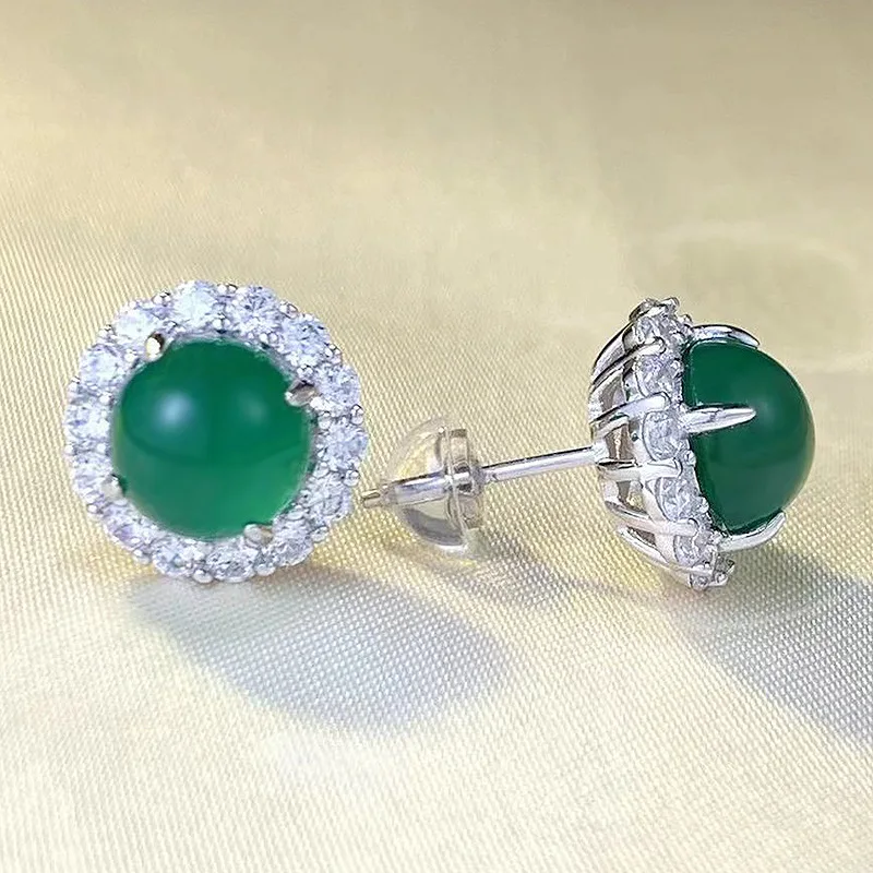 2023 New S925 Silver 8.0mm Simulated Green Jade Marrow Earrings for Women's Luxury Set with Full Diamond Classic