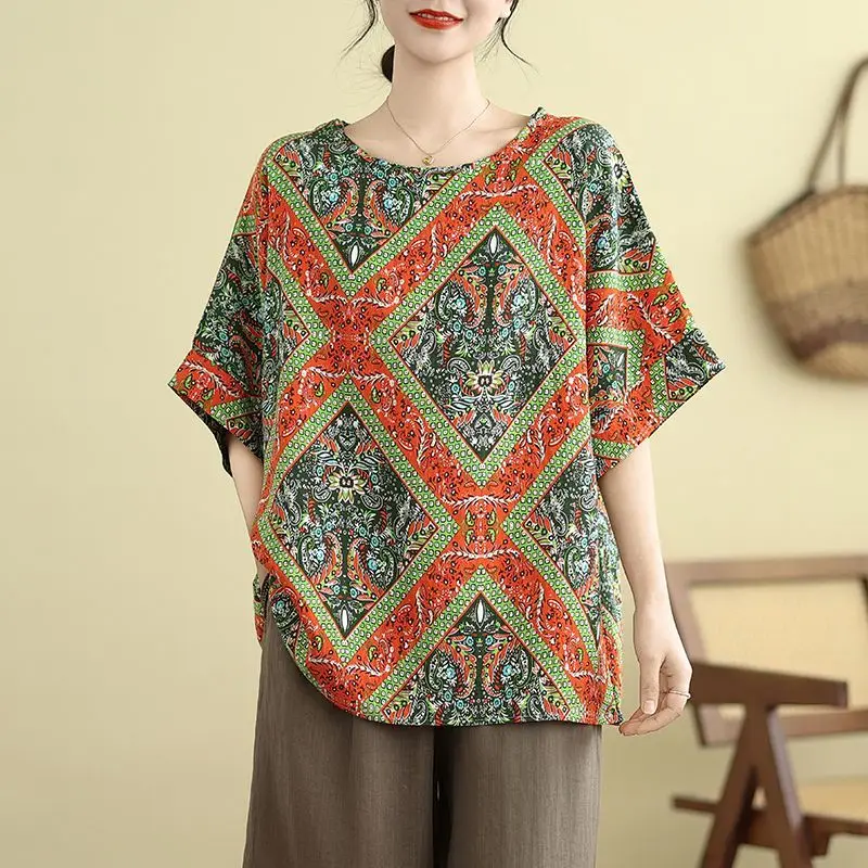 Cotton and Linen Large Size Loose Slimming Top Summer Ethnic Style Elderly Retro Casual Versatile Short Sleeved T-shirt