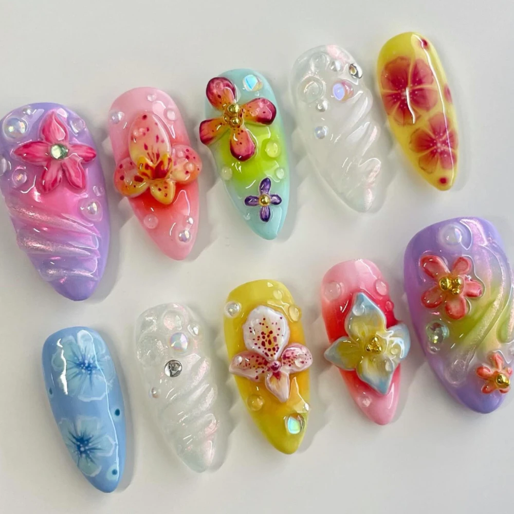 10Pcs Handmade Manicure Medium Almond Fake Nails 2024 New Cute Shell Limited Press On Nails Design with Adhesive Nail File Set